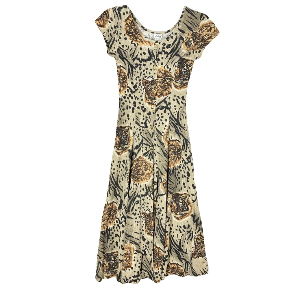 Vintage LA FETE Dress Women's S Ribbed Button Front Midi Lion Tiger Animal Print